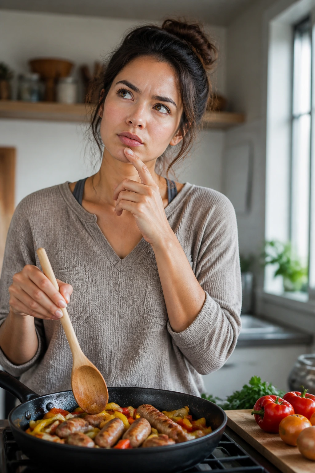 Real person in bright kitchen with thoughtful expression about cooking sausage