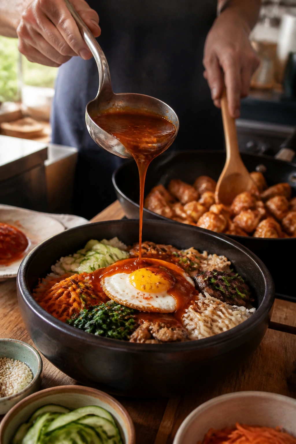 Hands cooking around a bibimbap bowl showing steps in progress