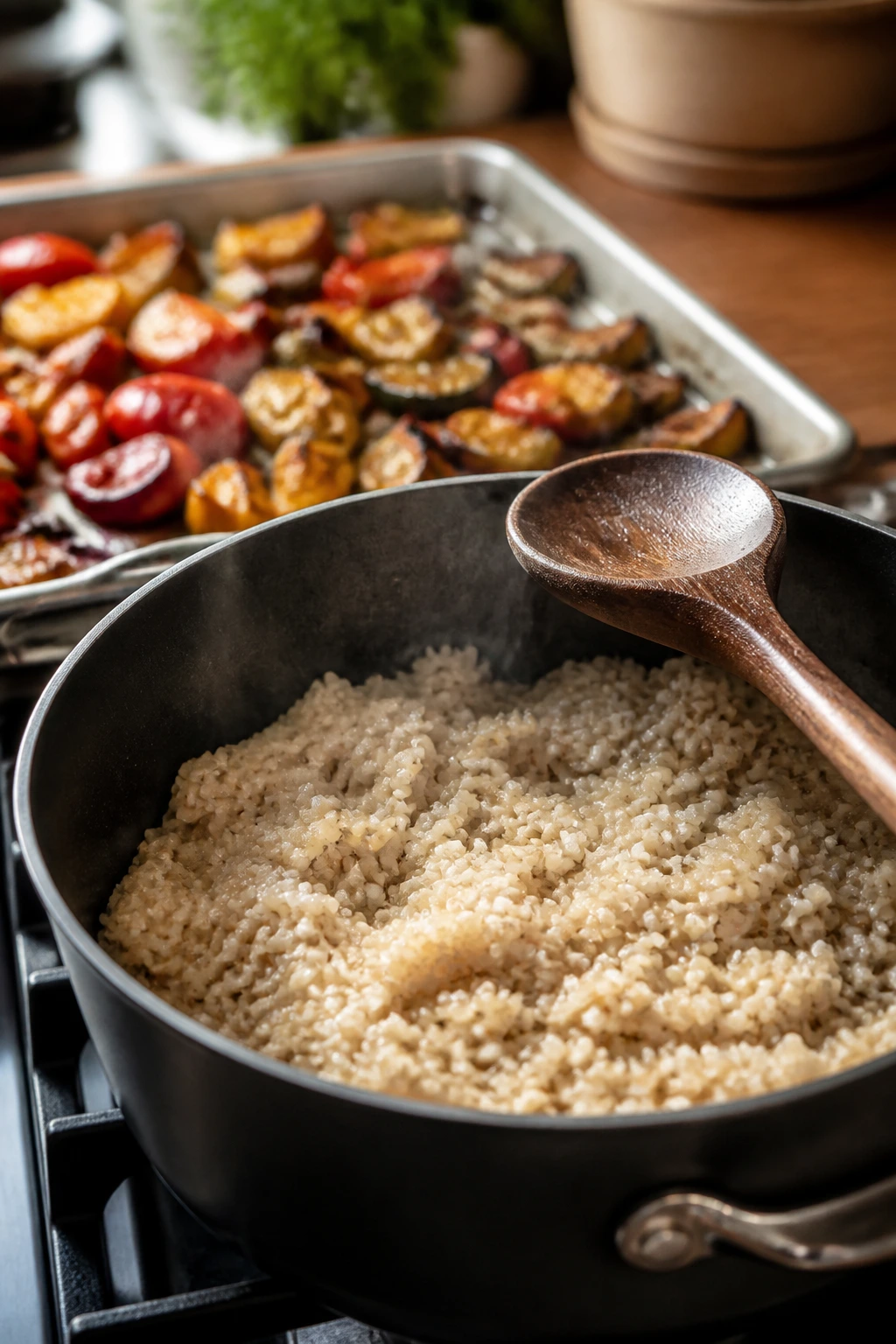 Pot of simmering brown rice and roasted vegetables in a kitchen