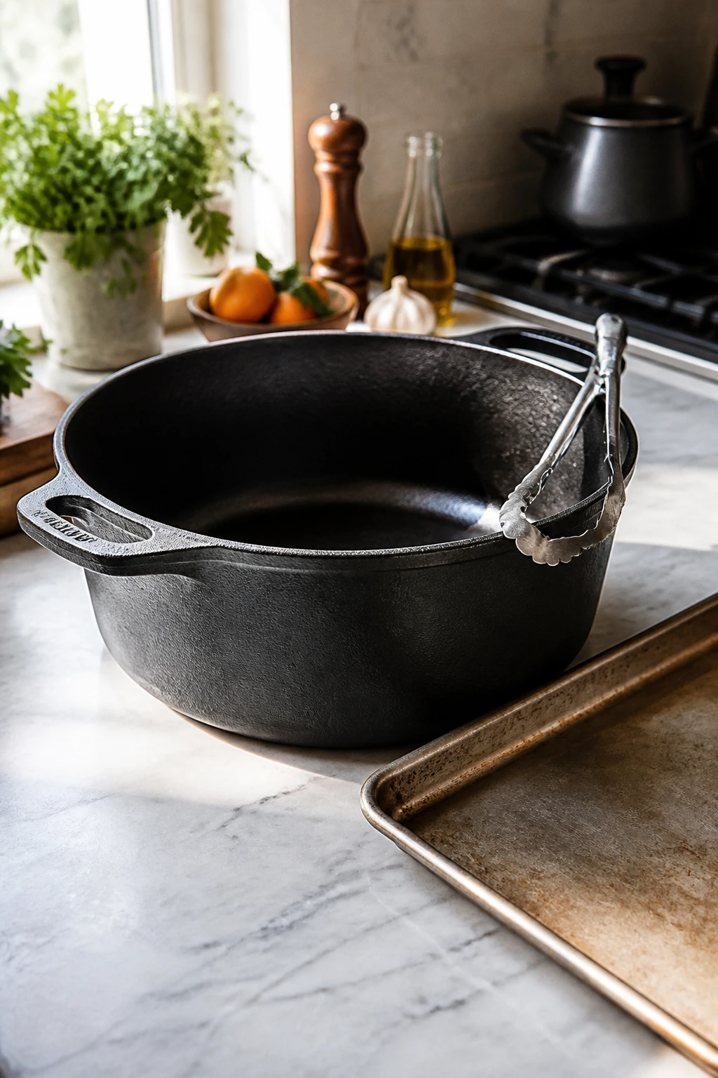 Dominant Dutch oven with adjacent cooking tools on a kitchen counter