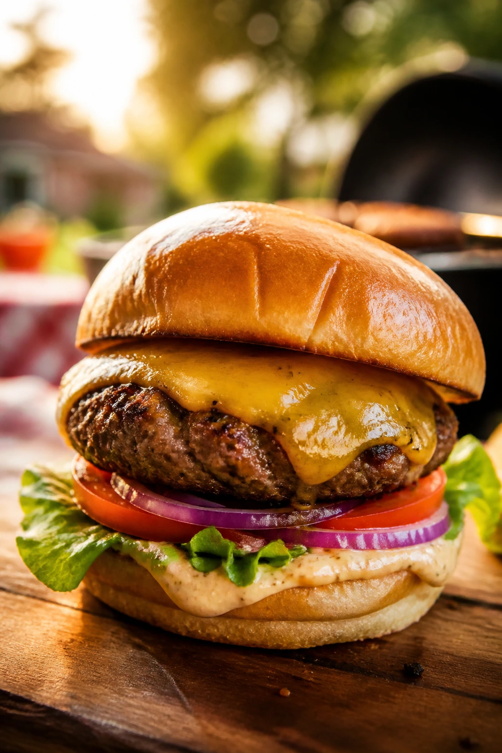 Juicy burger on a toasted bun in a sunny backyard