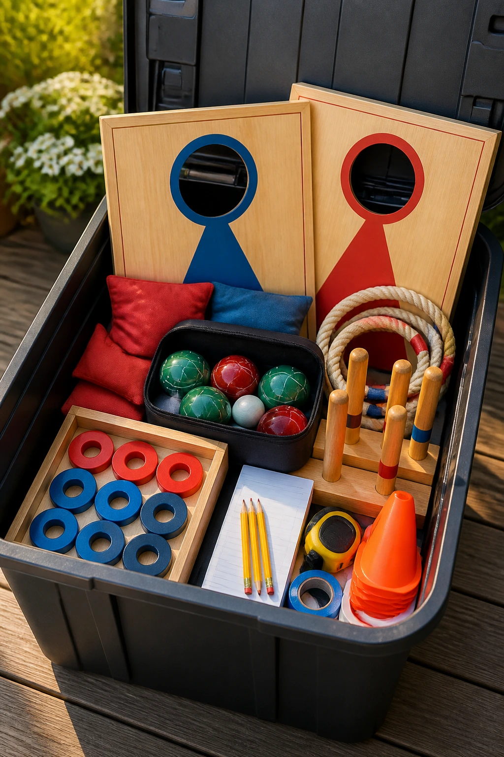 Open outdoor gear bin filled with cornhole boards, bags, bocce set, and accessories