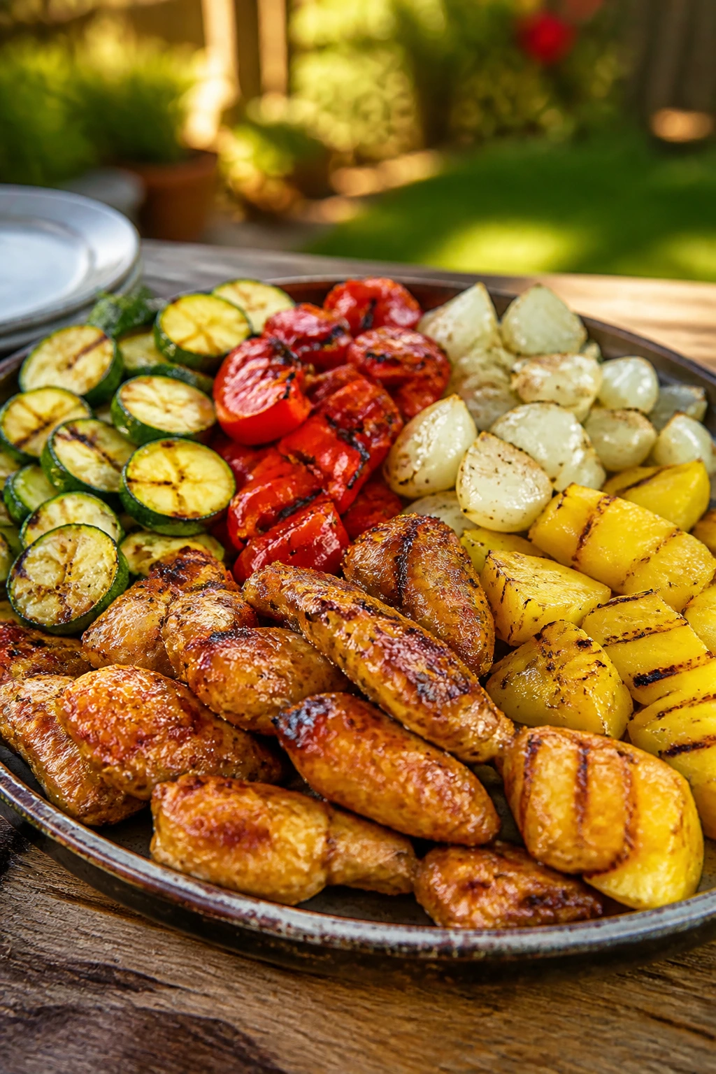 Close-up of a colorful cookout tray with chicken and vegetables on a rustic platter in a backyard.
