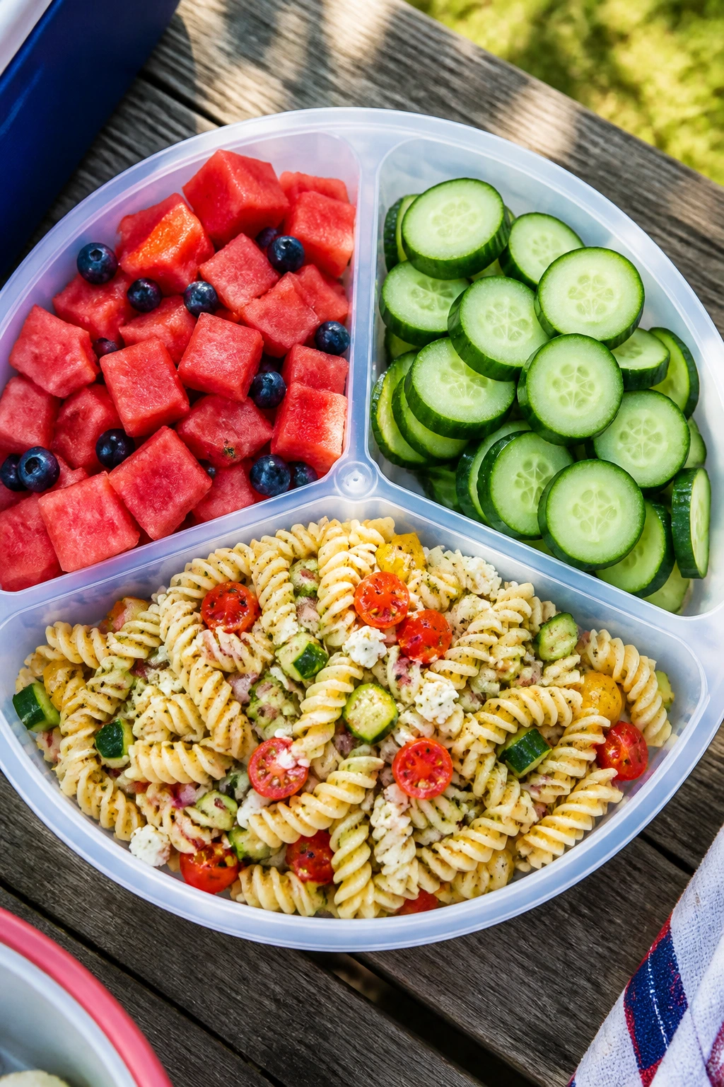 Top-down view of a segmented cookout spread with varied cold sides