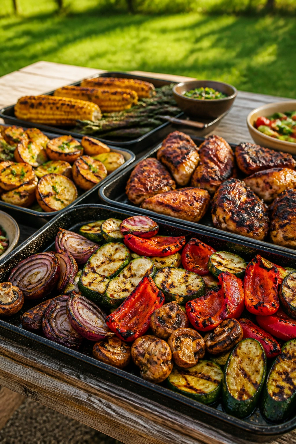 Outdoor cookout table with prepared charred trays ready to serve