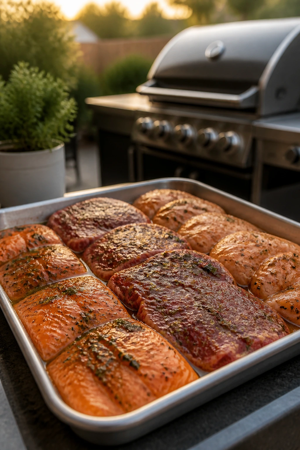 Tray of marinaded proteins ready to grill in a backyard prep area