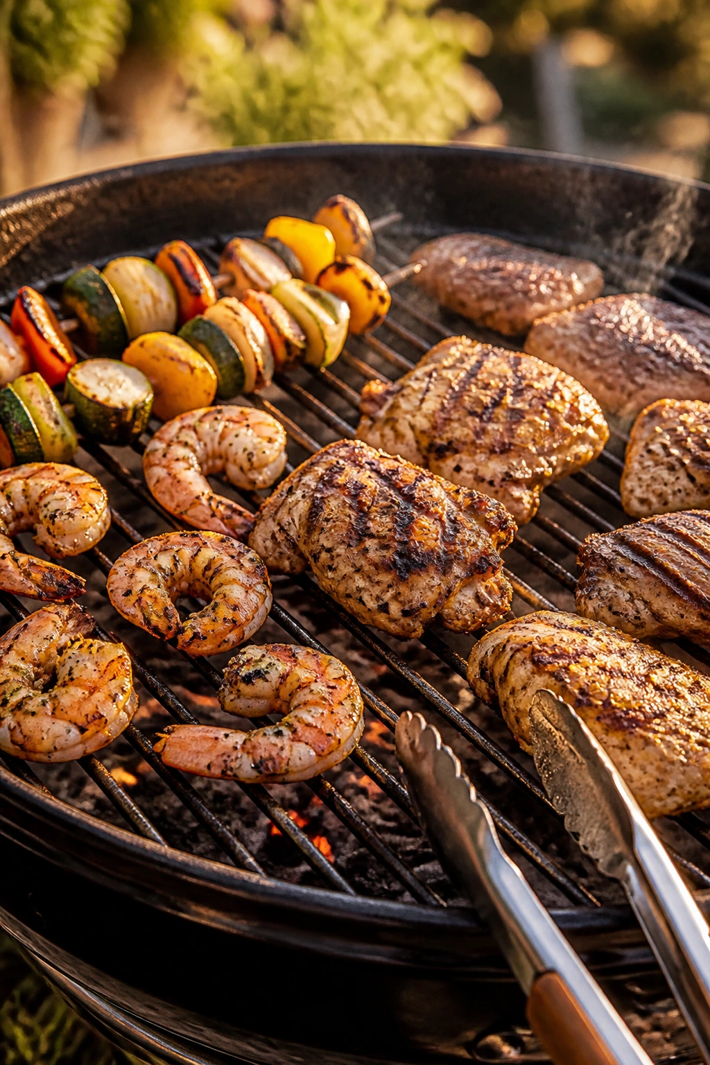 Close-up of a backyard grill with foods at different cooking stages illustrating a cookout timeline
