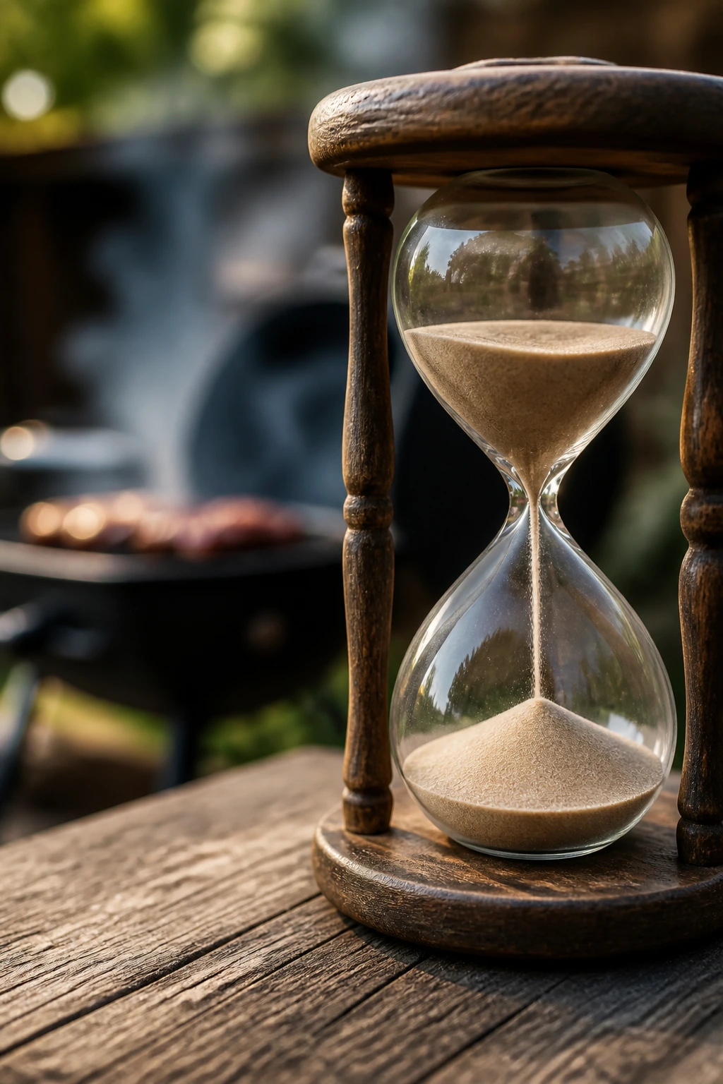 Close-up of an hourglass timer in a backyard cookout setting
