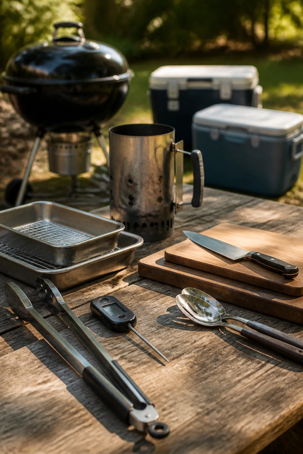 Close-up of essential backyard cookout tools on a wooden table