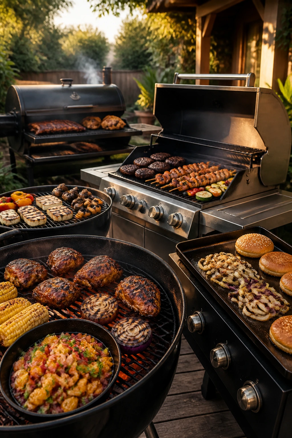 Panoramic backyard grill scene showing multiple grills and a variety of foods for different cookout styles
