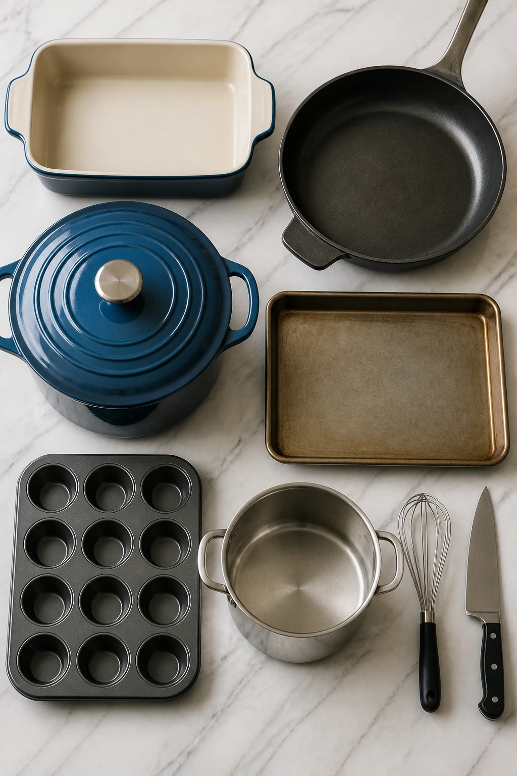 Top-down view of essential cookware laid out on a countertop