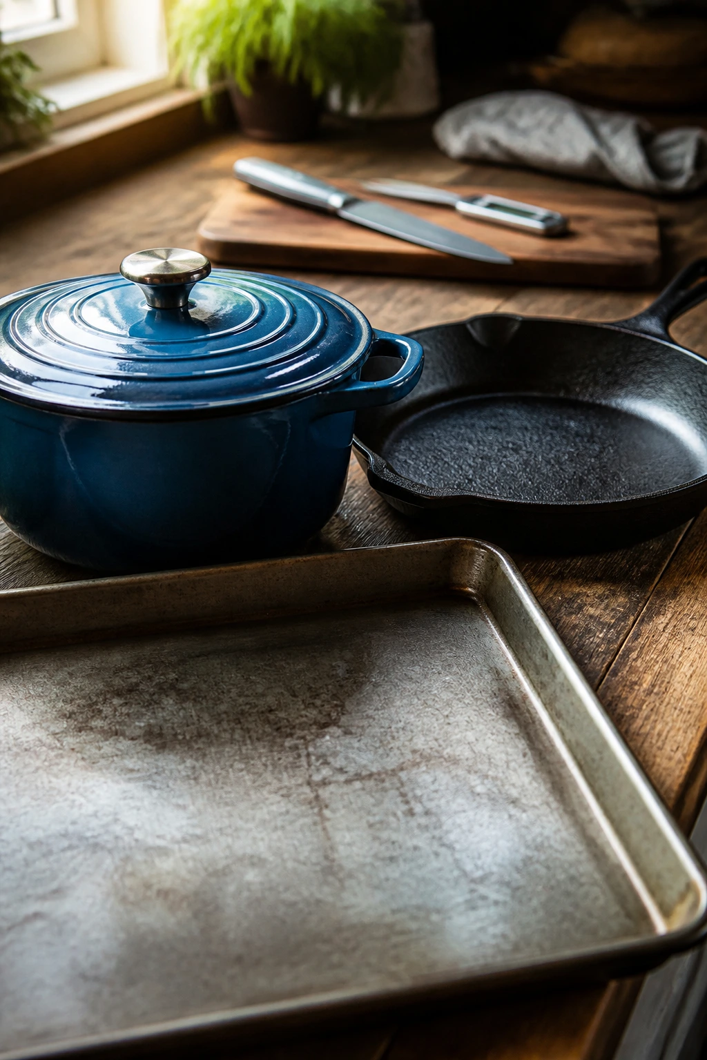 Close-up of essential cookware like Dutch oven, skillet, and sheet pan on wooden counter