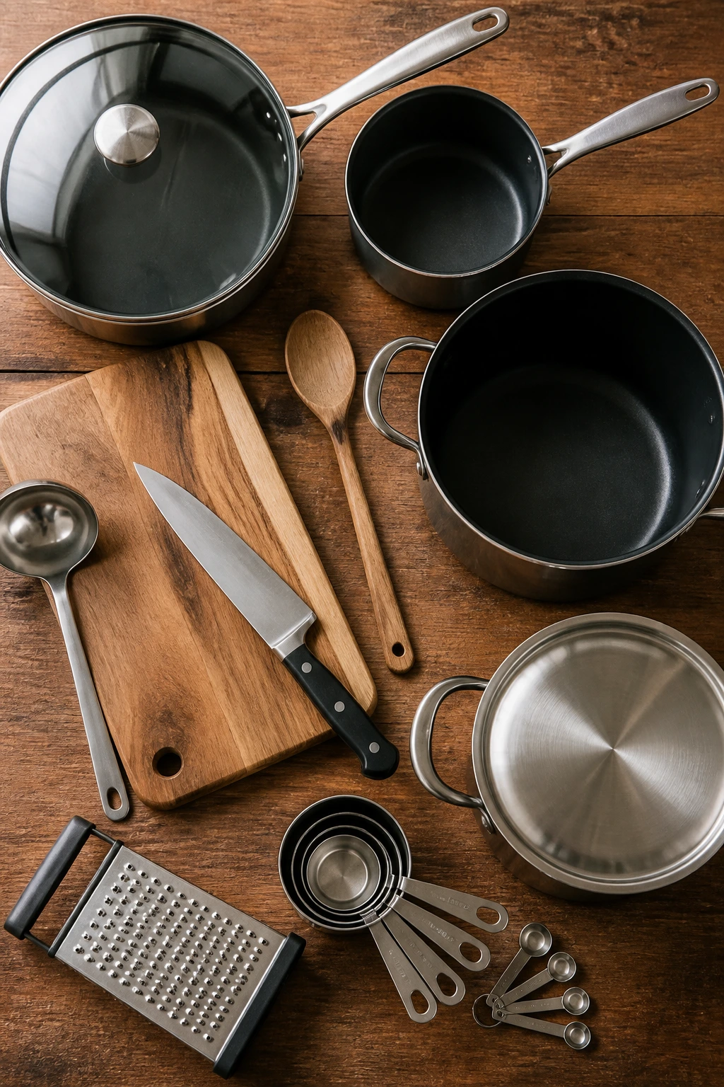 Top-down view of essential kitchen equipment for one-pot meals