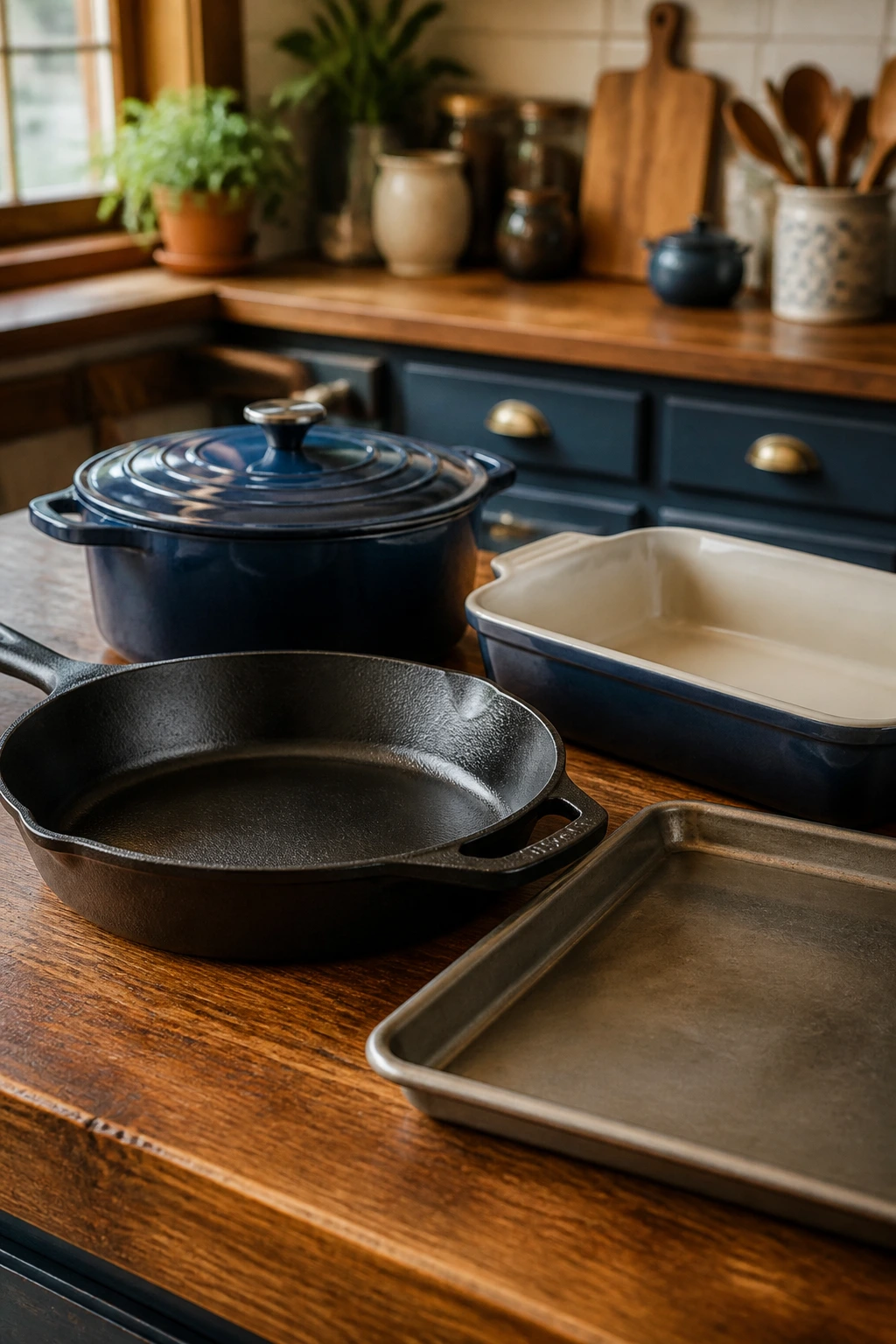 Close-up of a set of essential cookware in a warm kitchen.