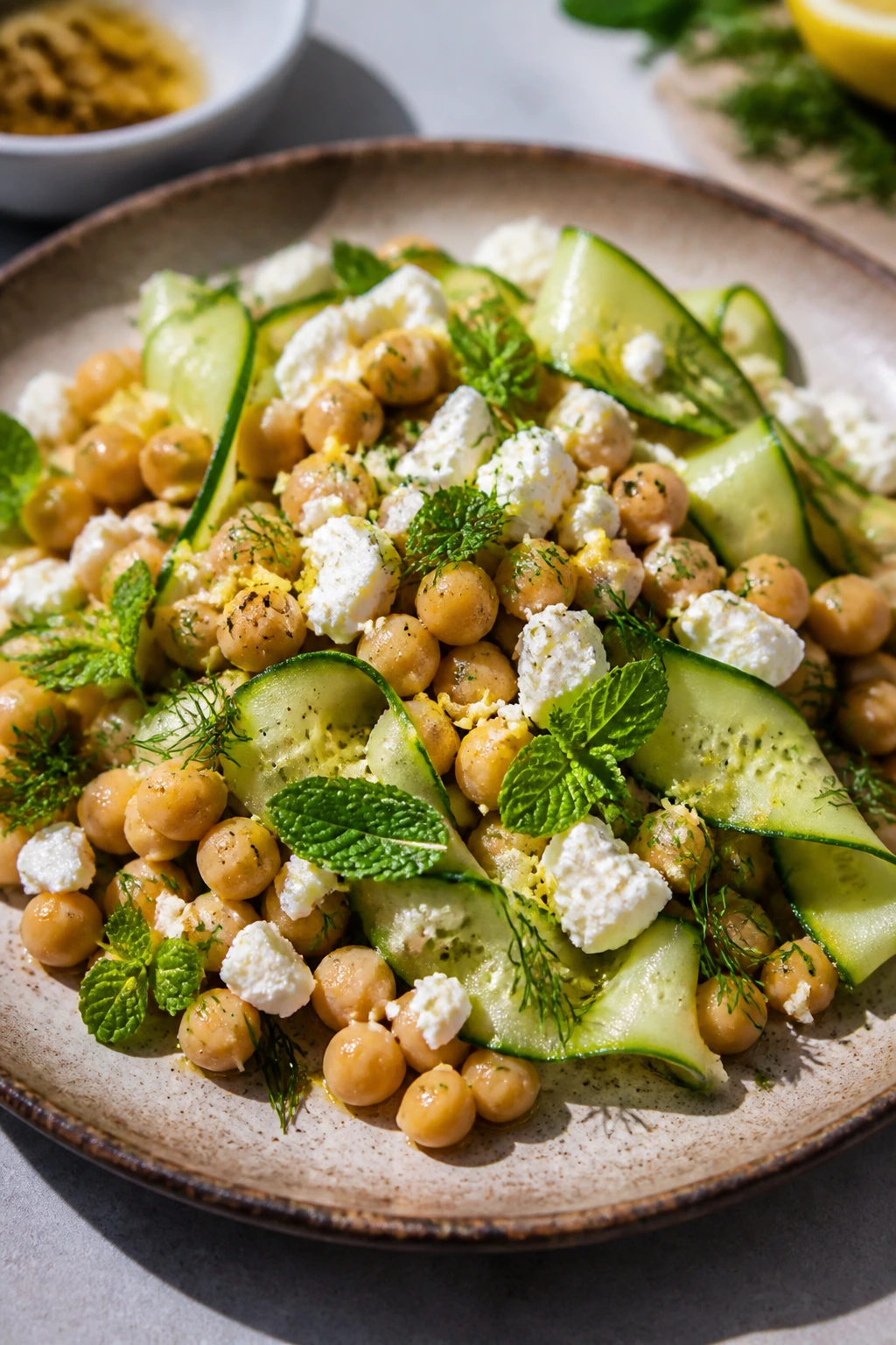 Chickpea feta lemon plate served cold on a rustic plate