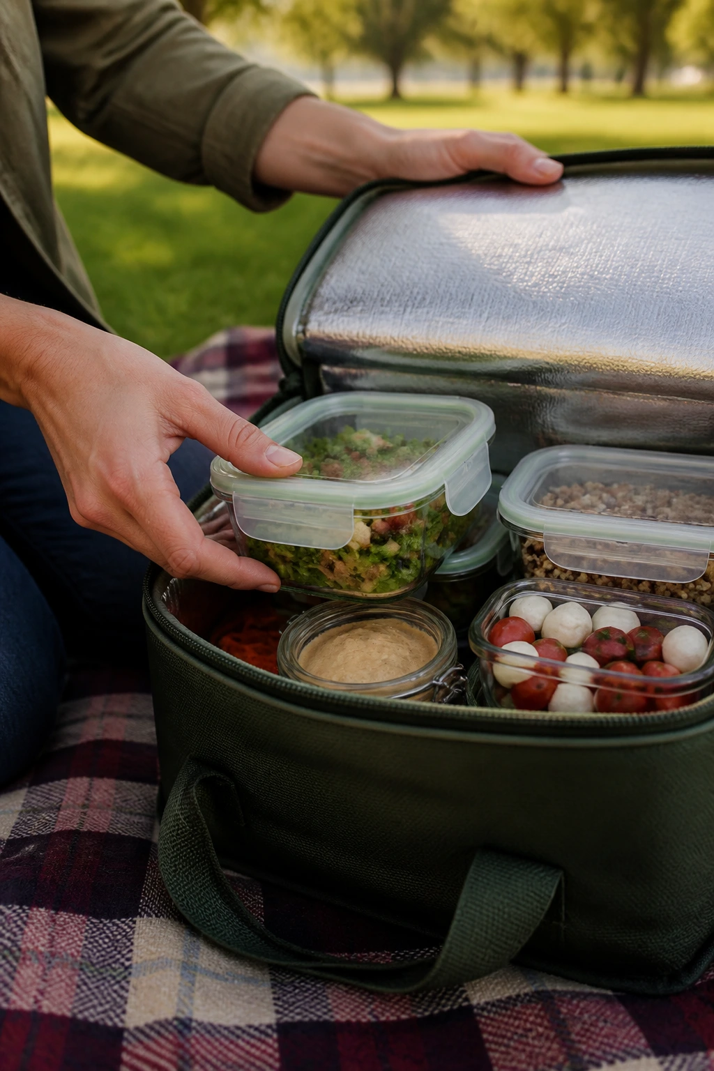 Cooler bag with glass containers on picnic blanket