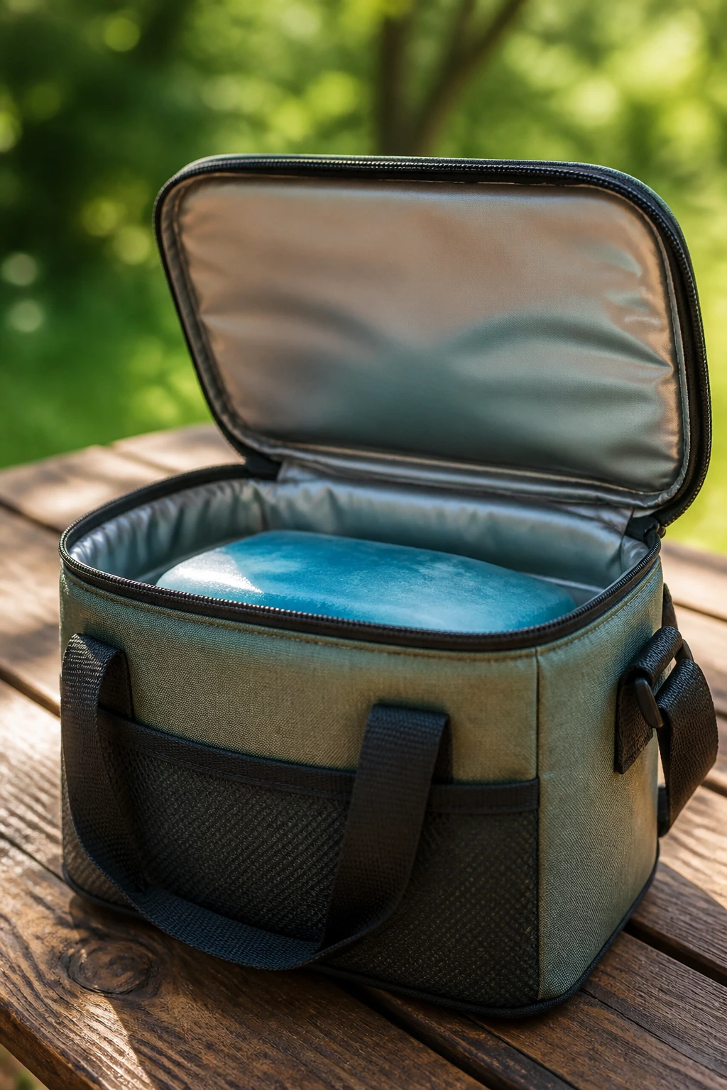 Insulated cooler bag outdoors on a picnic table