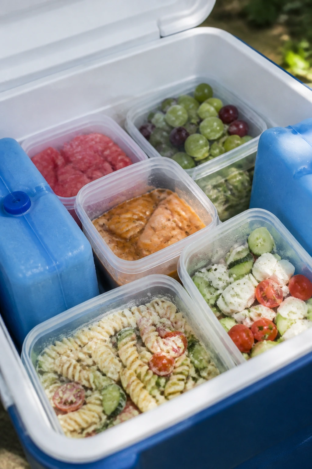 Close-up of a cooler filled with cold picnic dishes