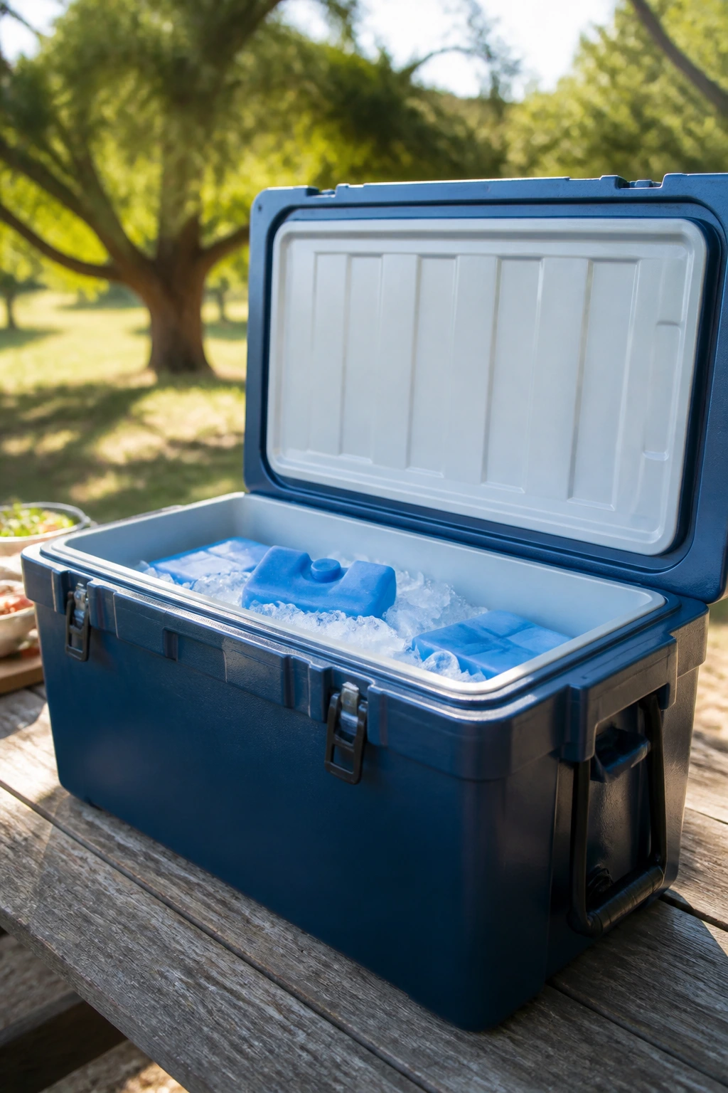 Large cooler with ice packs on a picnic table