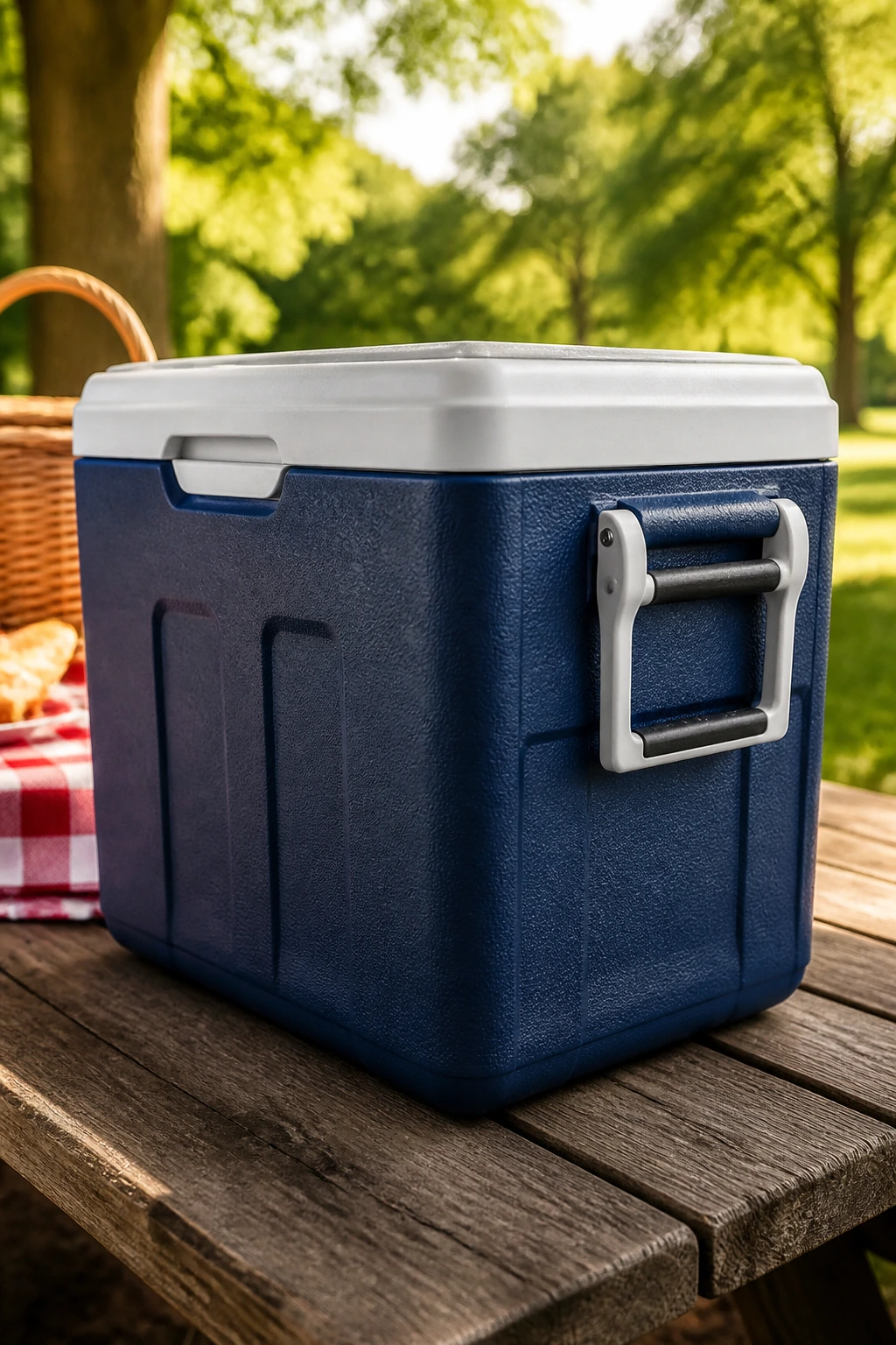Large insulated cooler on a wooden picnic table outdoors.