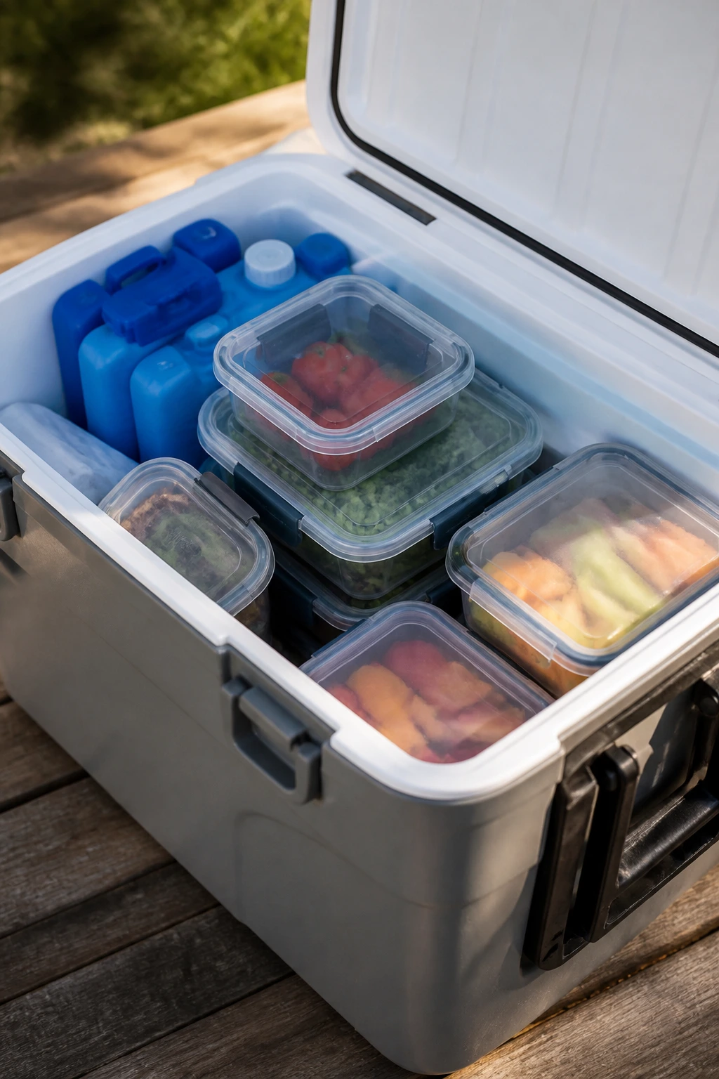 Insulated cooler with stacked leakproof containers outdoors.