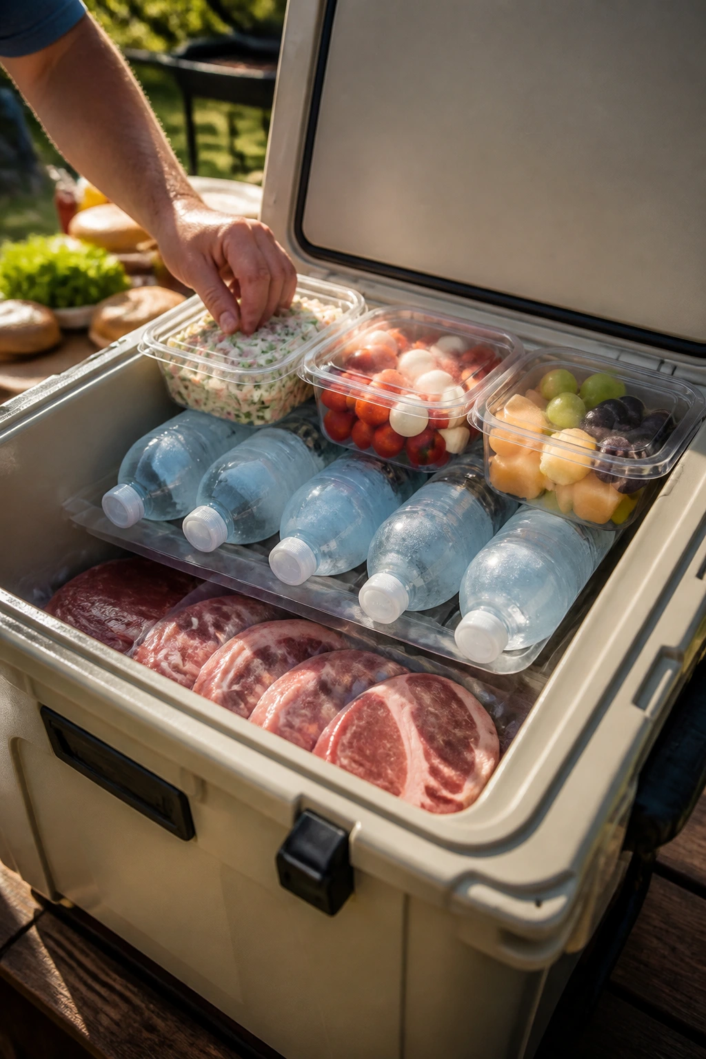 Open cooler showing layered contents for safe food transport in backyard