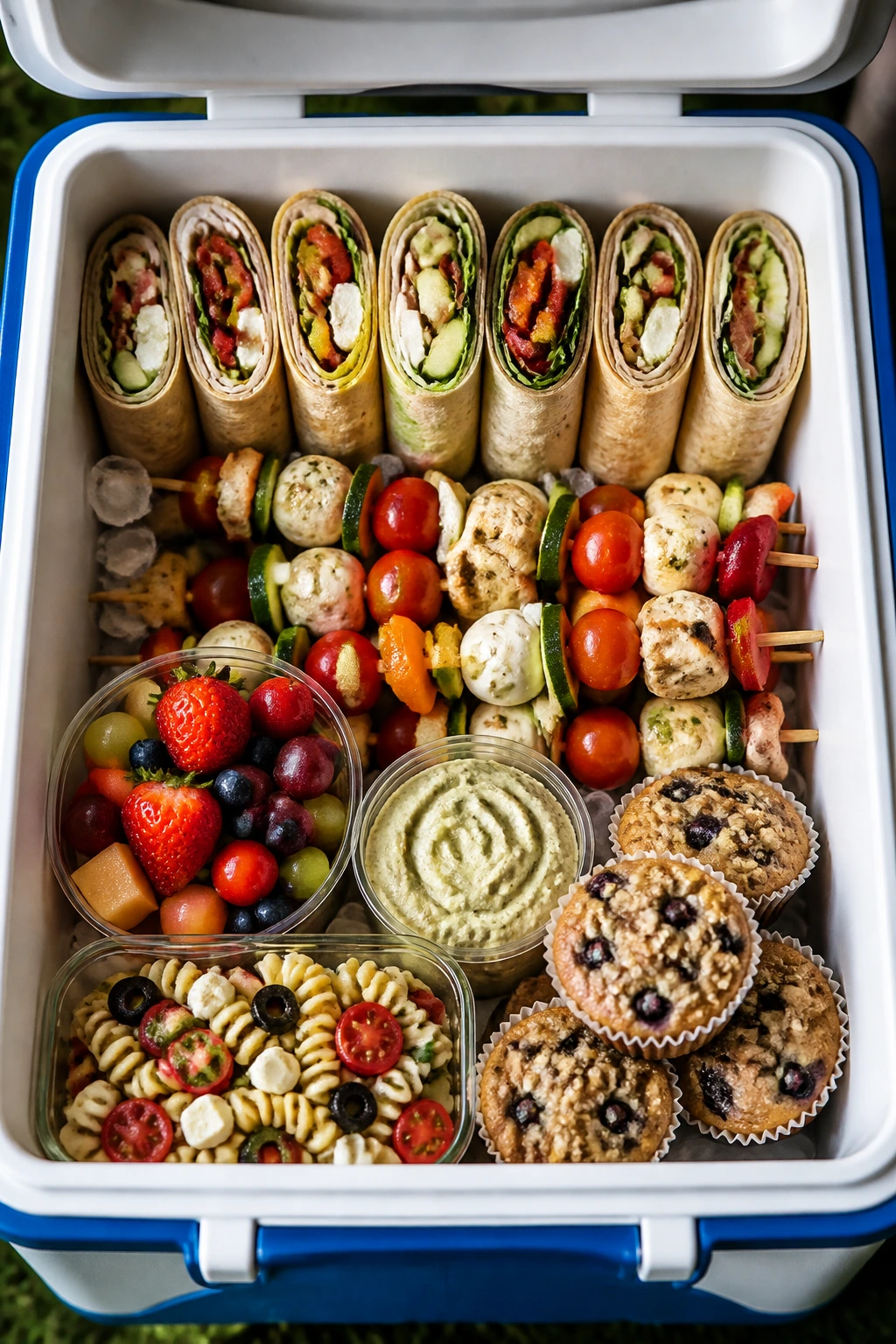 Inside a cooler with neatly arranged picnic items to illustrate durability