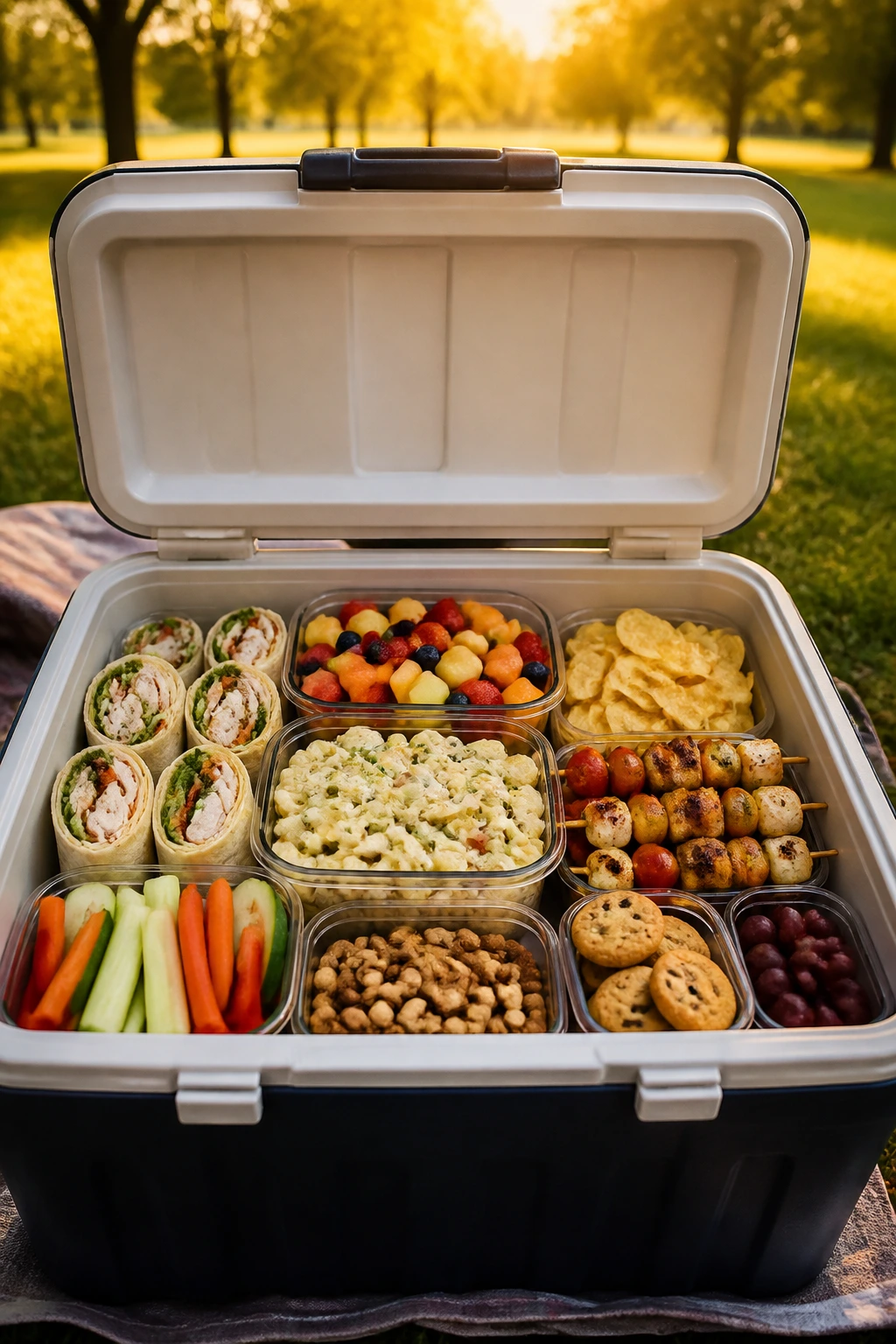 Open cooler filled with picnic foods in a park at sunset with warm glow