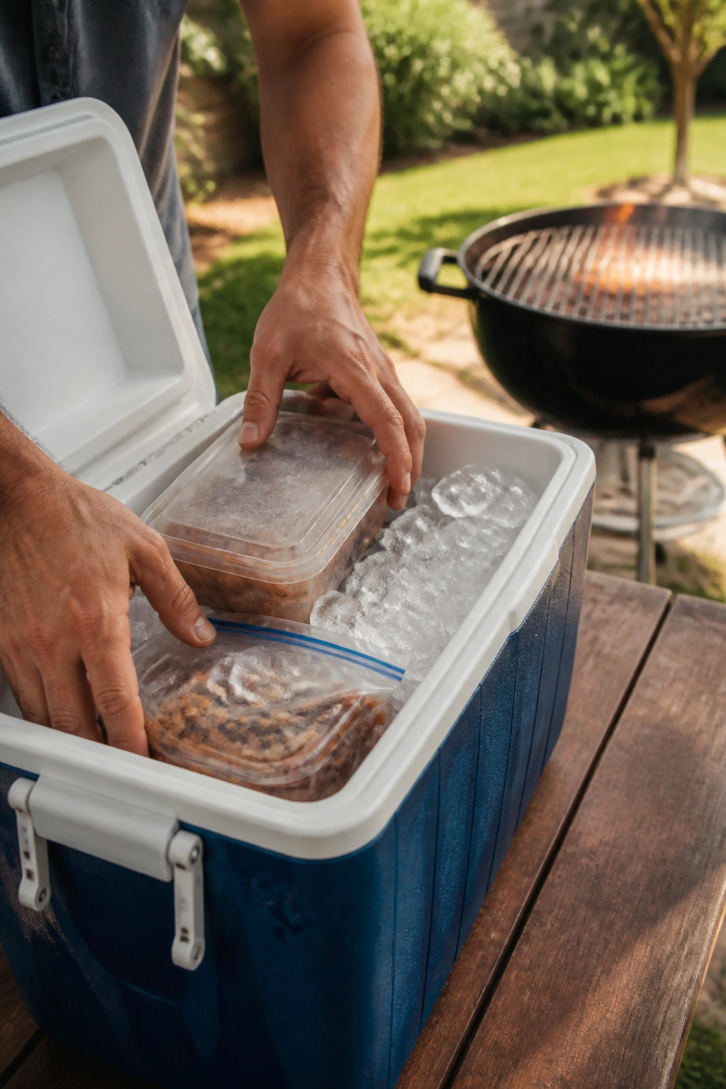 Close-up of a cooler being packed with ice on a sunny backyard picnic table with a grill in the background