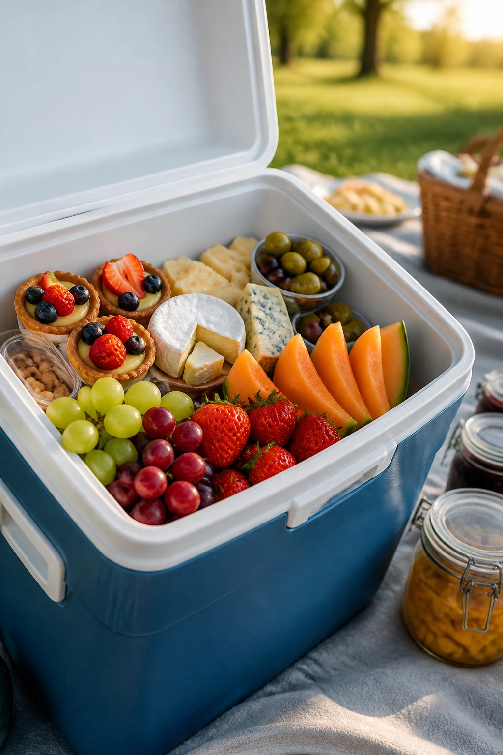 Open cooler filled with cheeses, fruit, and tartlets at a sunny park.