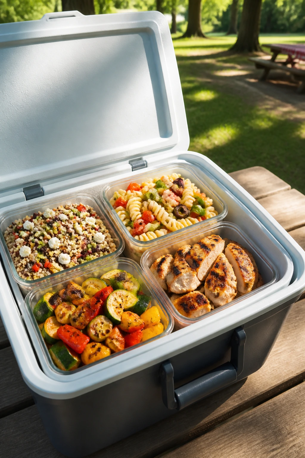 Open cooler with dinner-ready meals on a picnic table outdoors