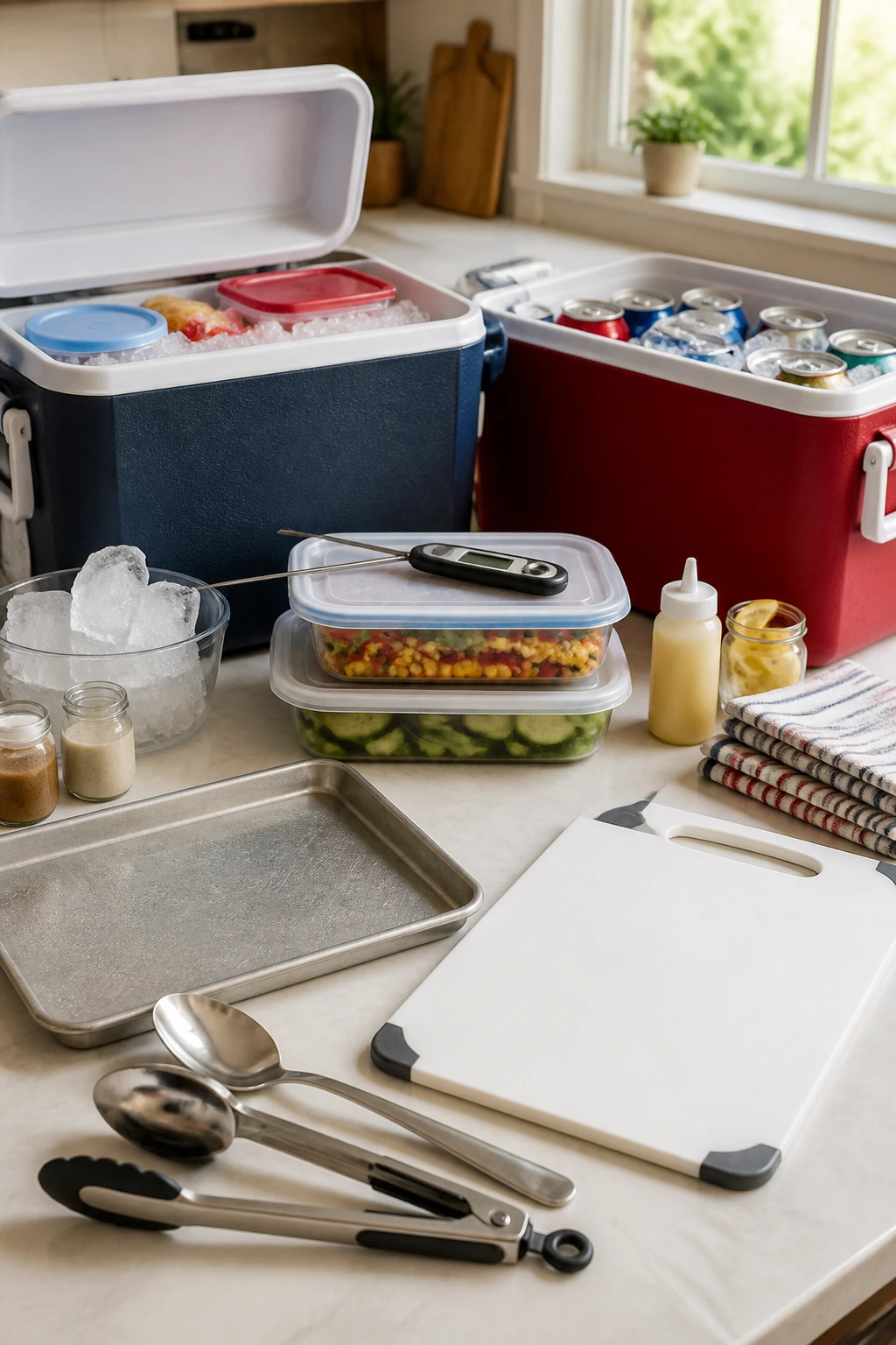 Close-up of cold picnic gear on a kitchen island: insulated coolers, ice blocks, shallow containers, thermometer, sheet pan, cutting board, jars, and spoons.