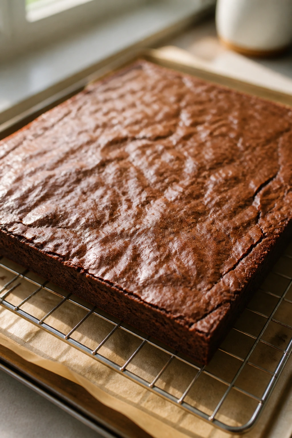 Cooled brownie slab resting on a rack in a bright kitchen