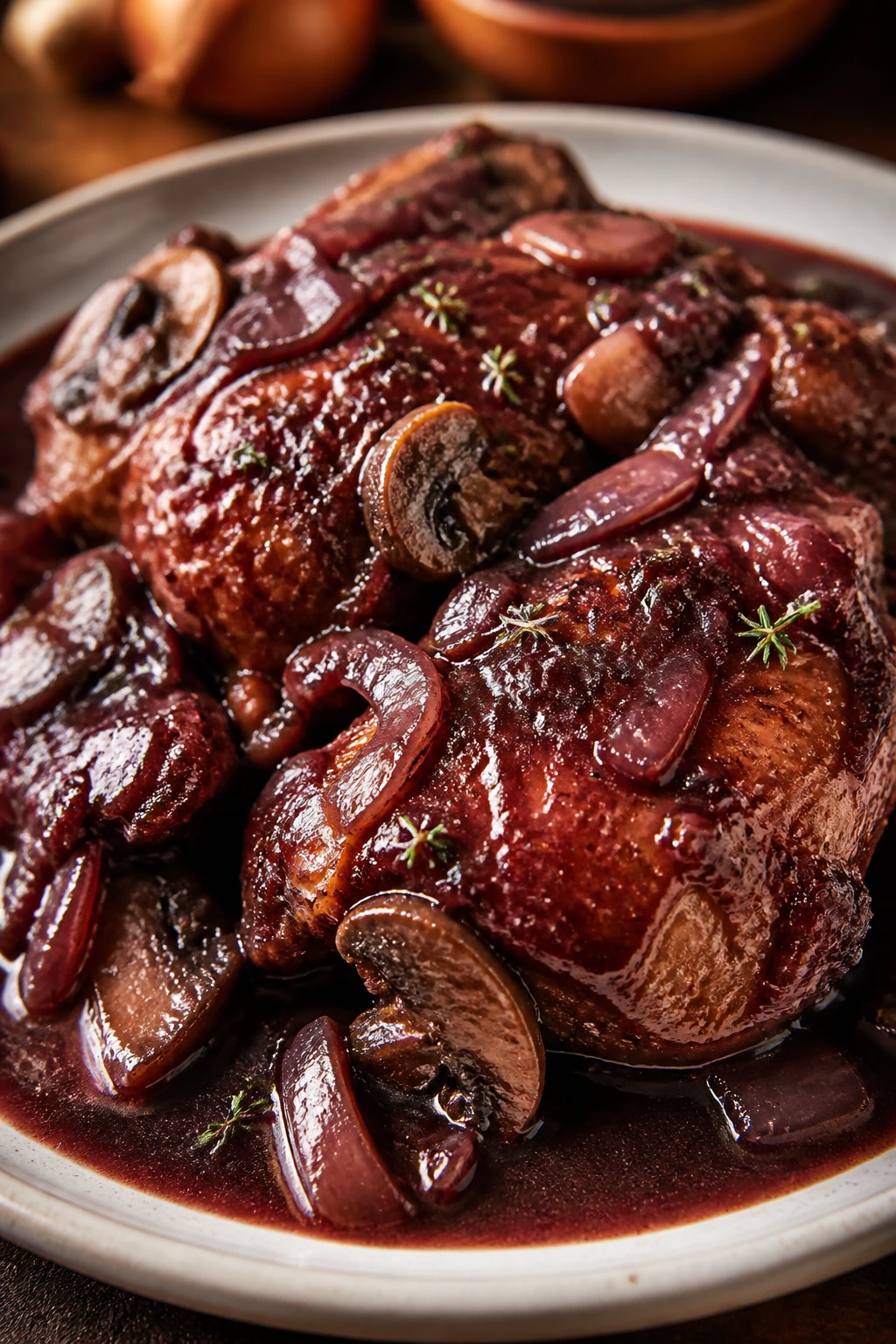 Coq au Vin plated with chicken in red wine sauce