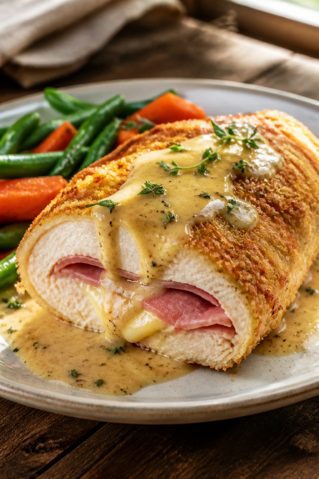 Plated Creamy Chicken Cordon Bleu slice with ham, Swiss cheese, crust and creamy Dijon sauce on rustic plate.