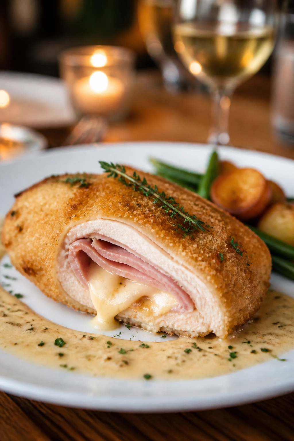 Plated cordon bleu with sauce presented for serving