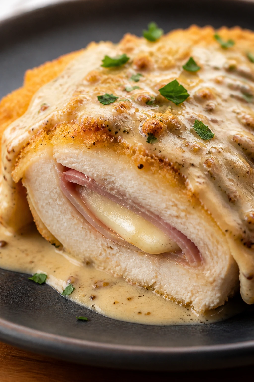 Close-up of creamy chicken cordon bleu with Dijon sauce on a plate