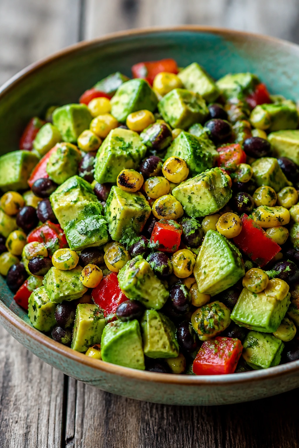 Close-up of corn, avocado, and black bean salad with lime dressing