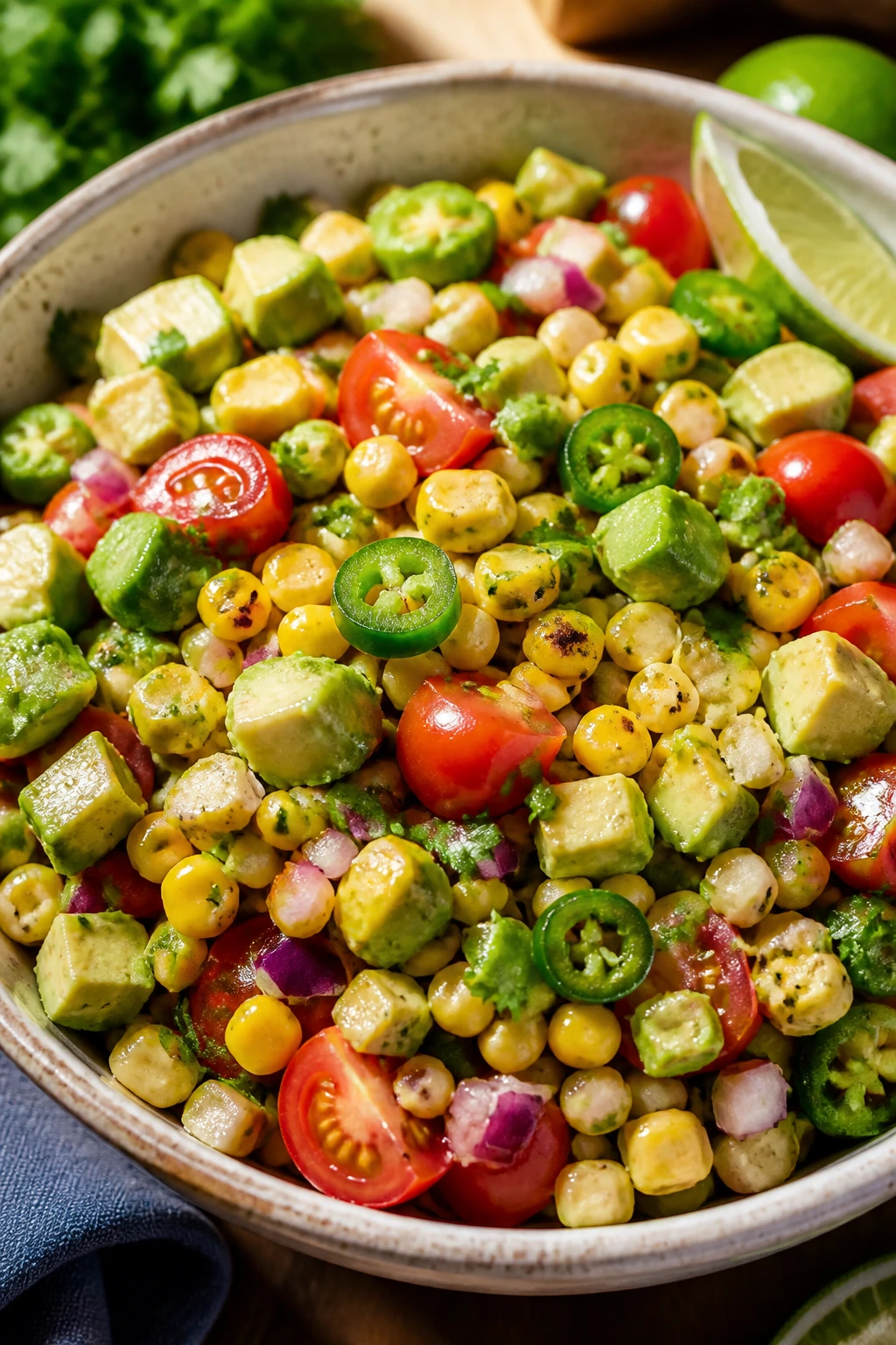 Close-up of corn avocado lime salad with jalapeño in a bowl