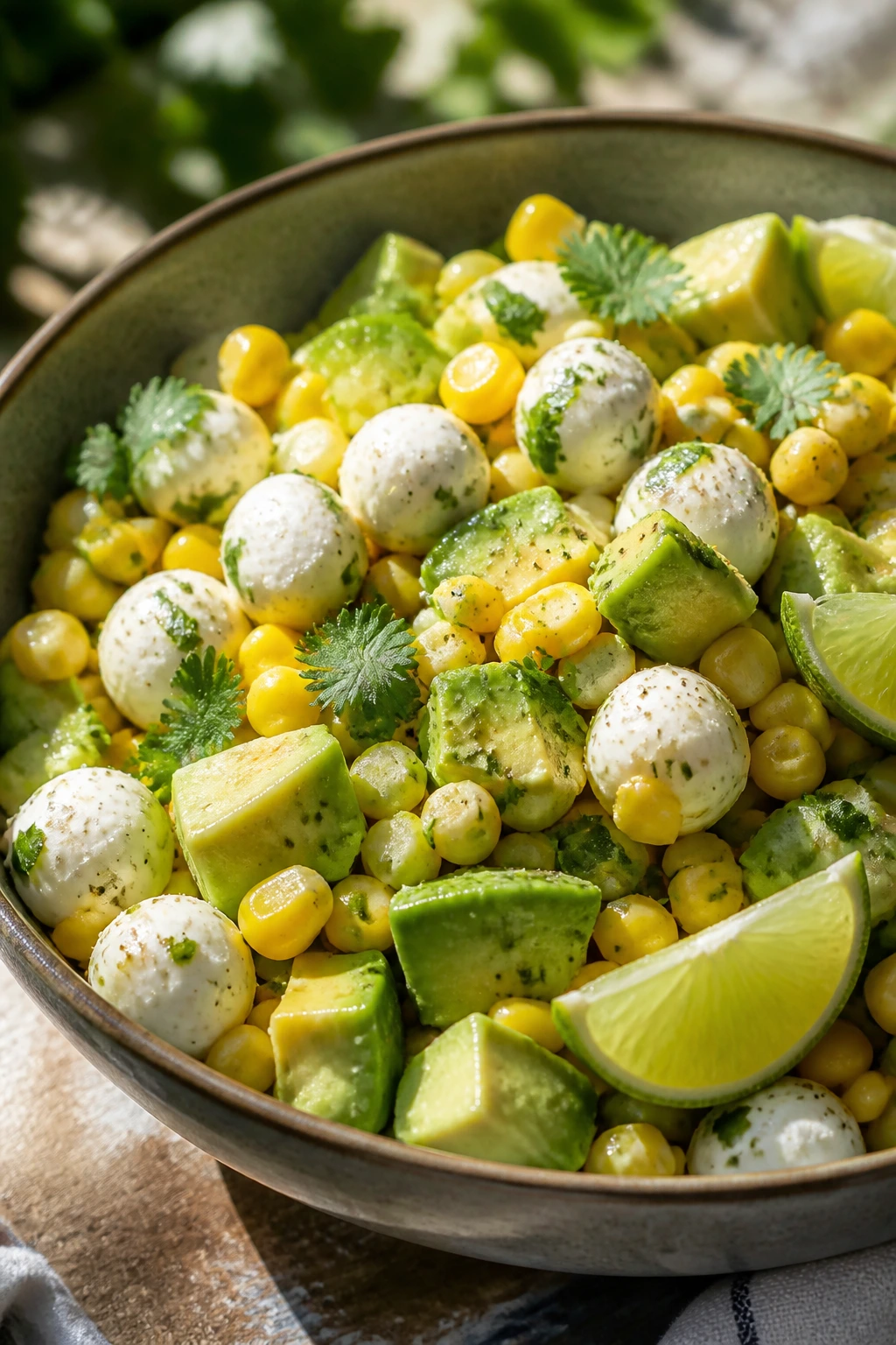 Close-up of Corn Avocado Mozzarella Salad with lime.
