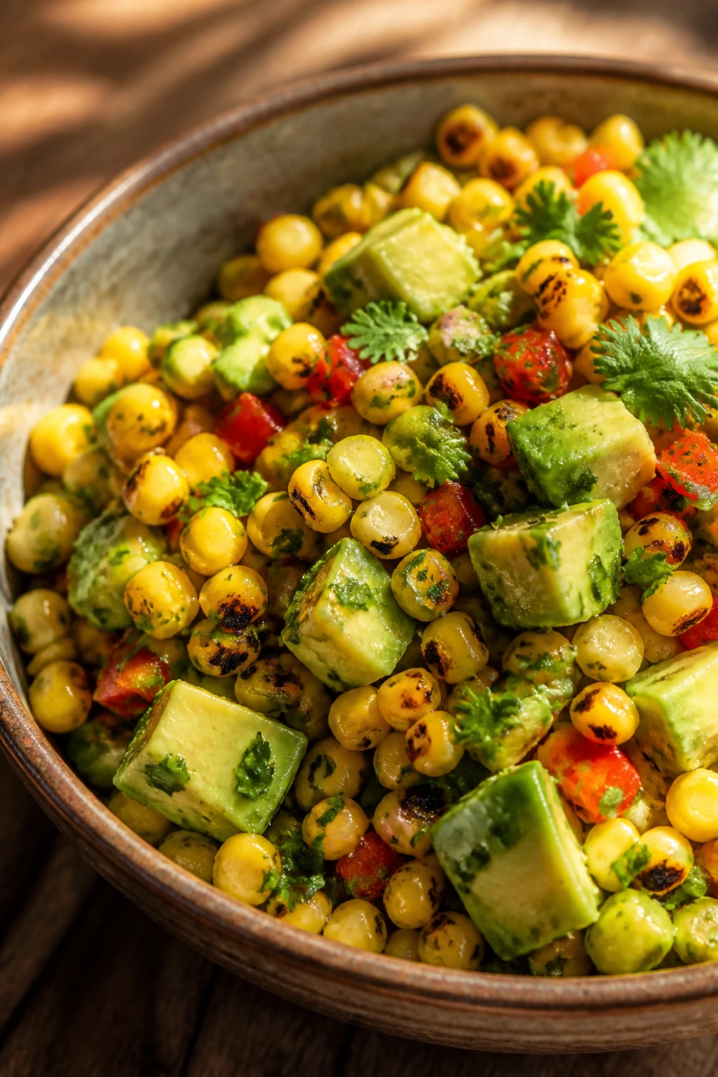 Bright corn and avocado salad in a bowl with cilantro and red pepper.