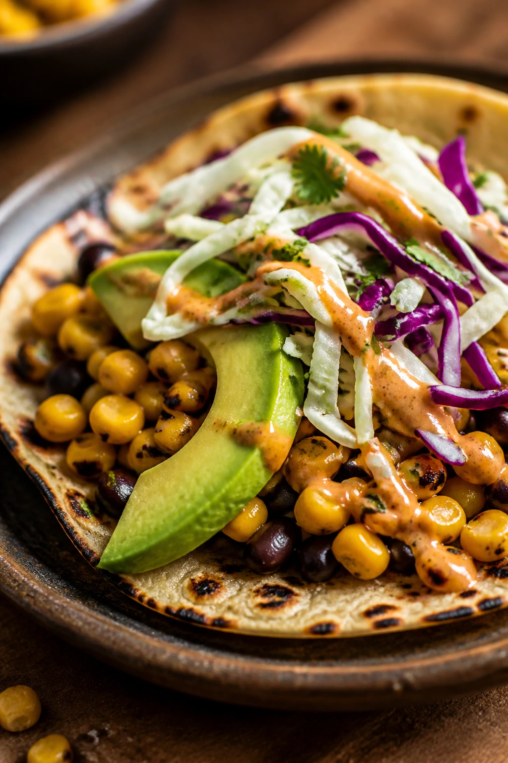 Taco with charred corn avocado cabbage and crema close-up