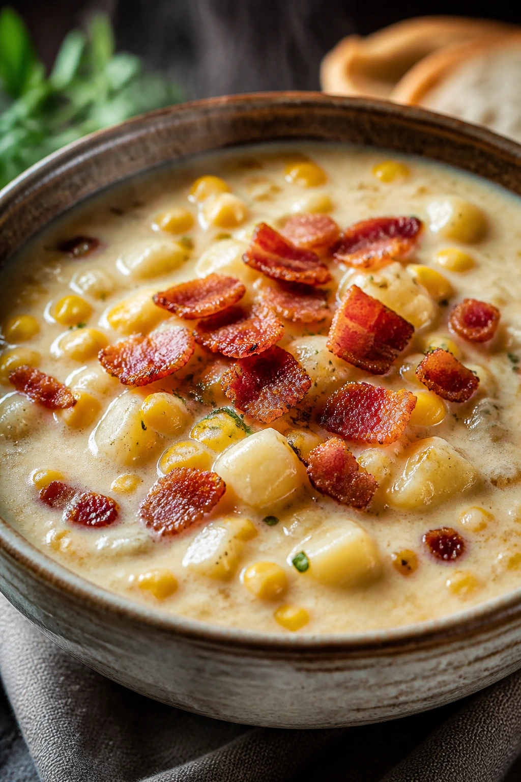 Close-up of corn and bacon chowder in a bowl