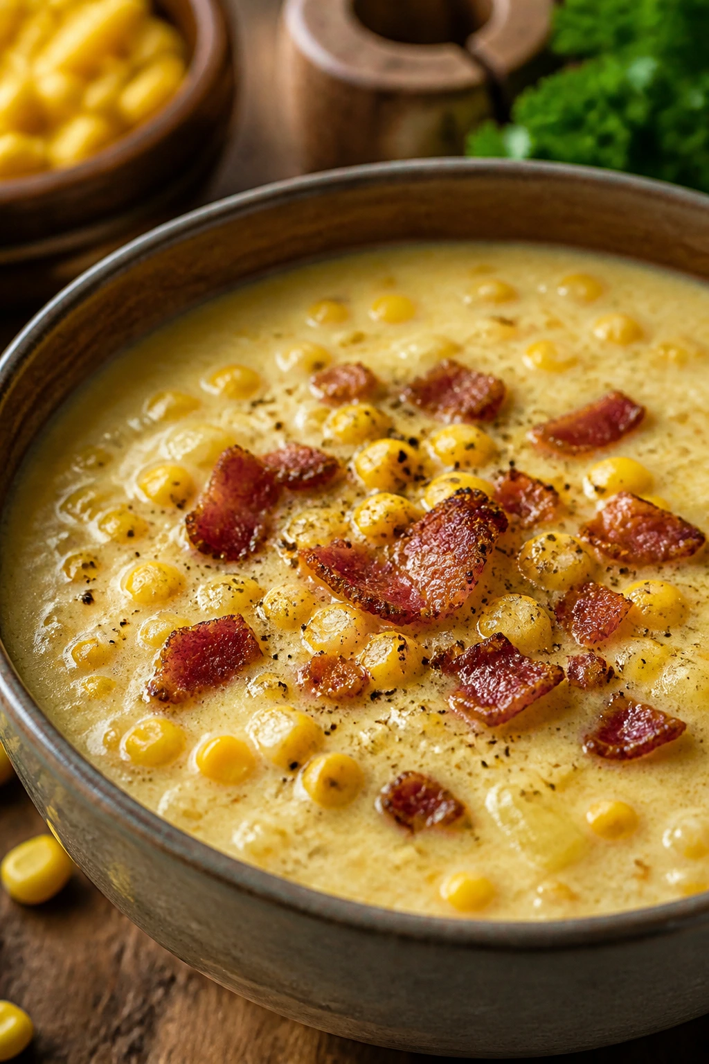 Corn and bacon chowder in a bowl with corn kernels and bacon