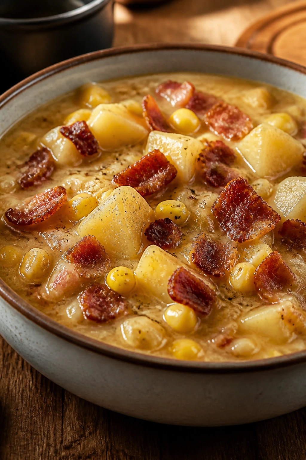 Hearty corn, bacon, and potato stew in a bowl