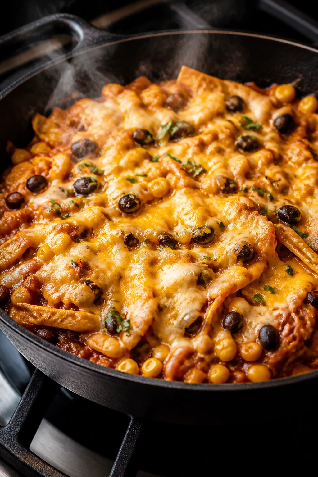 Skillet of corn and bean enchiladas with cheese on top