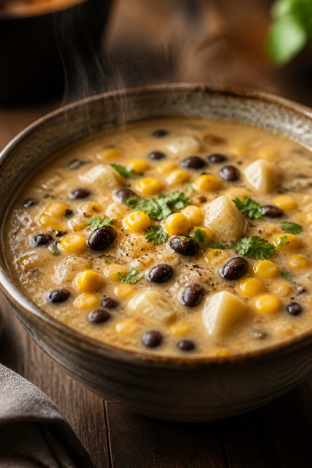 Thick corn and black bean chowder in a rustic bowl