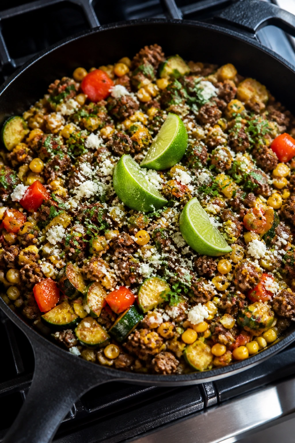 Skillet with beef, corn, lime, and cotija for a summery dinner