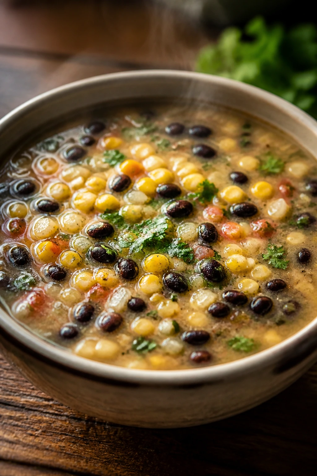 Close-up of corn and black bean chowder in a bowl