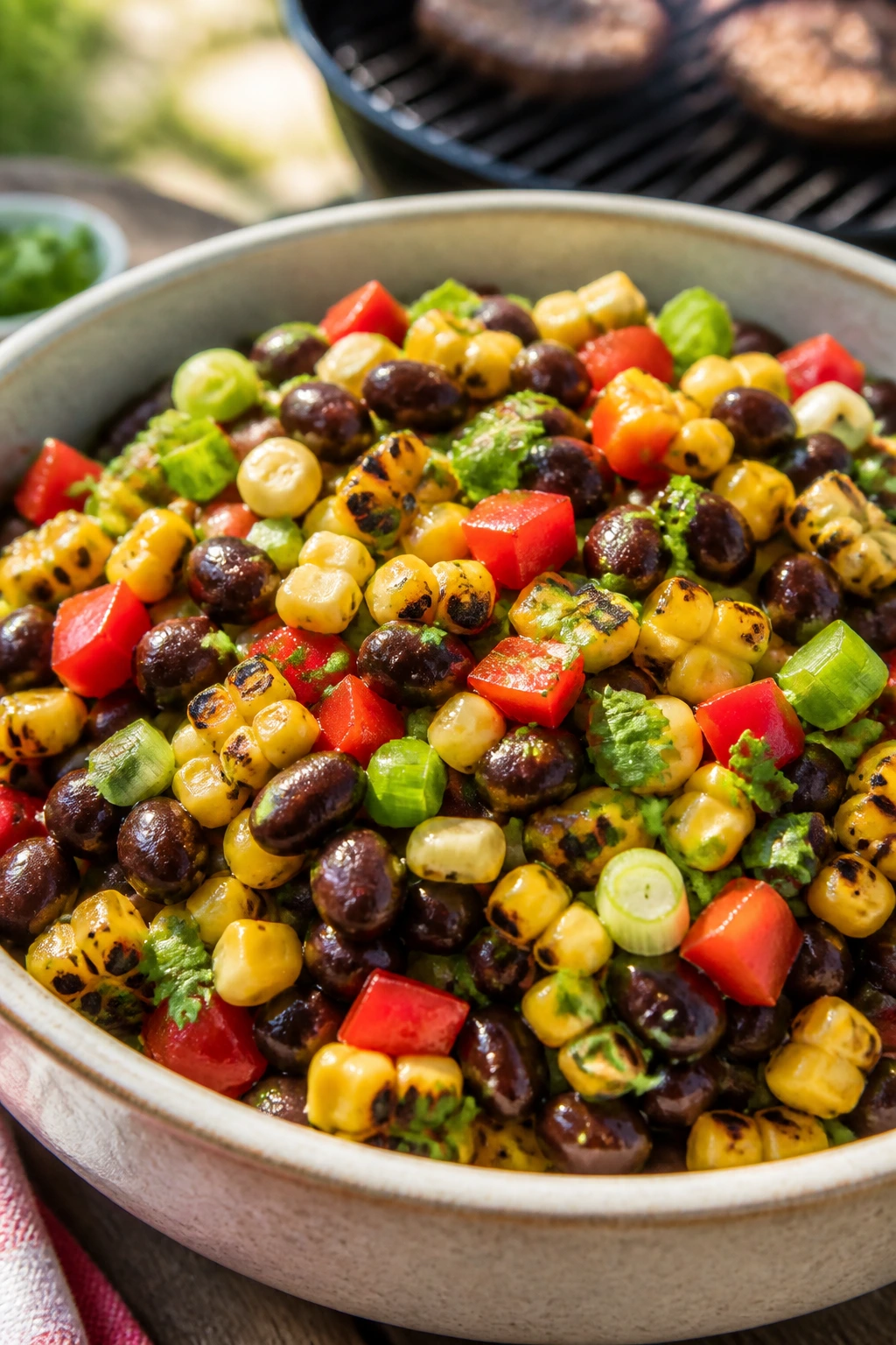 Charred corn and black bean salad in a bowl with peppers and cilantro